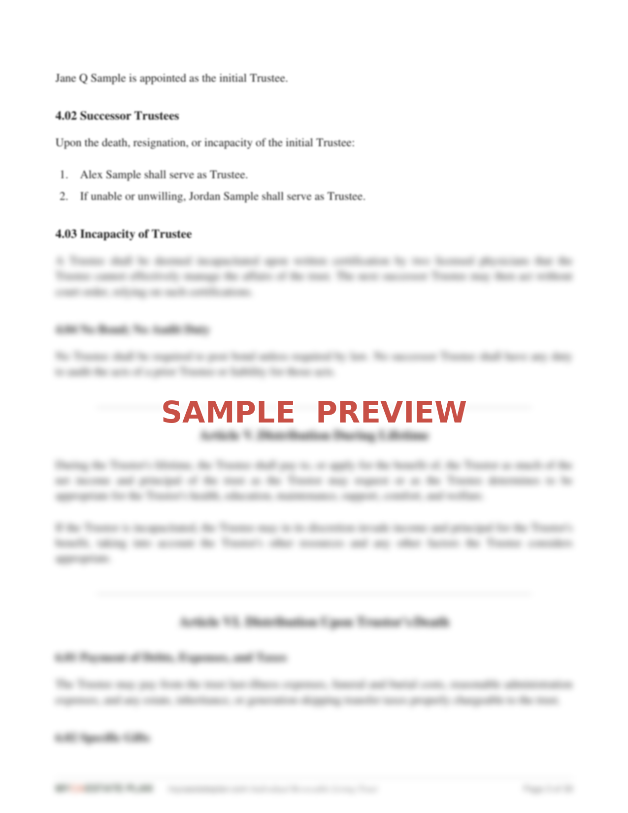 Preview of the Solo Trust package: Individual Living Trust, Pour-Over Will, POA, AHCD, HIPAA, Assignment, one Deed