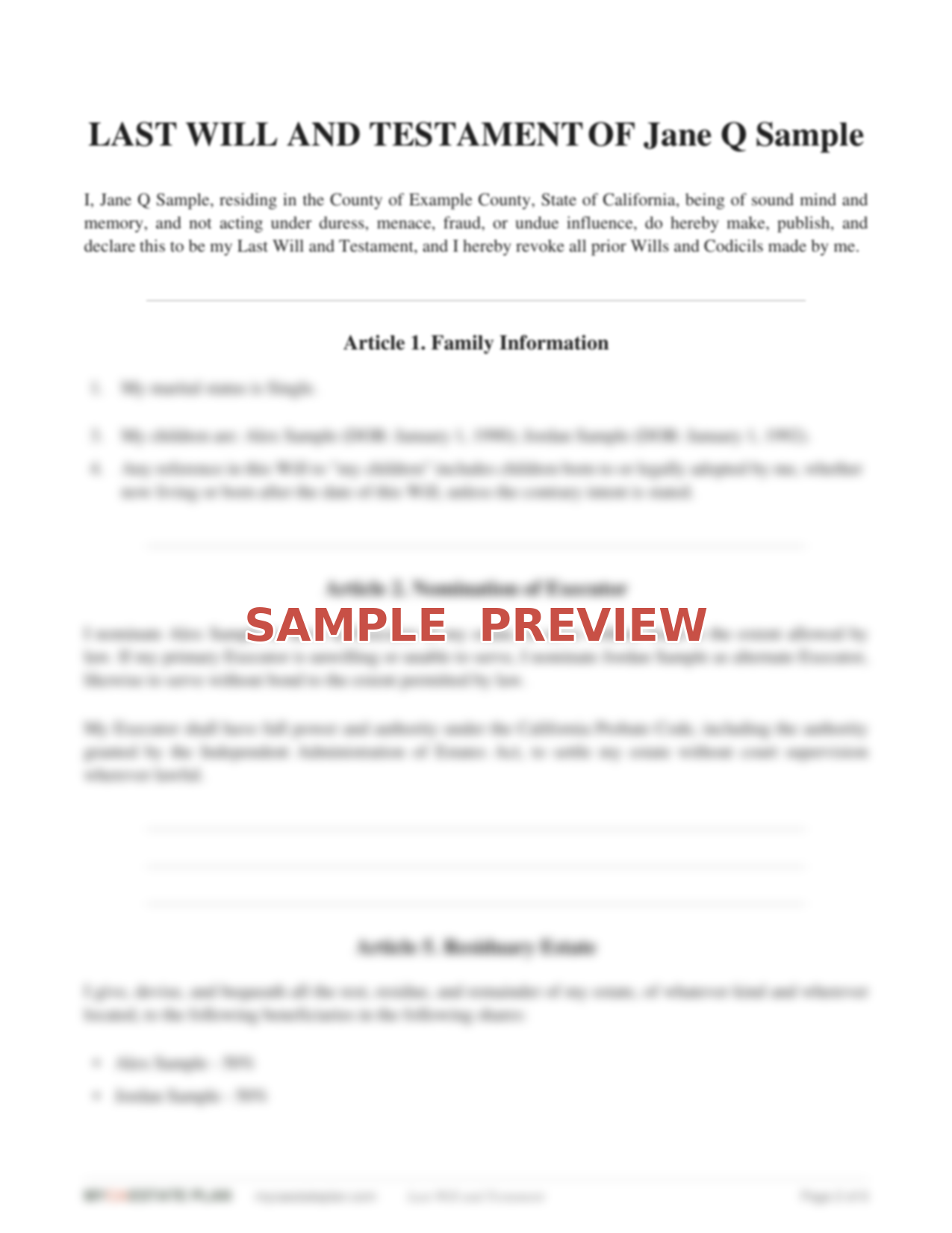 Preview of the Last Will and Testament